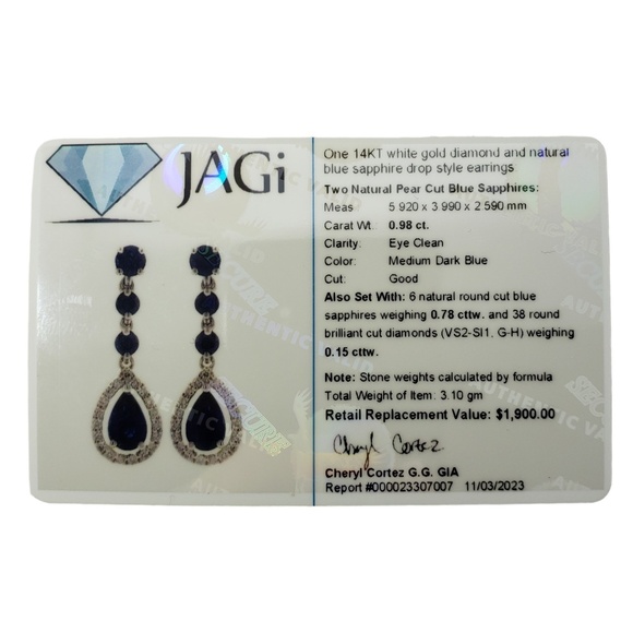 14K White Gold Sapphire and Diamond Drop Earrings JAGi Certified #15951 - Picture 8 of 8